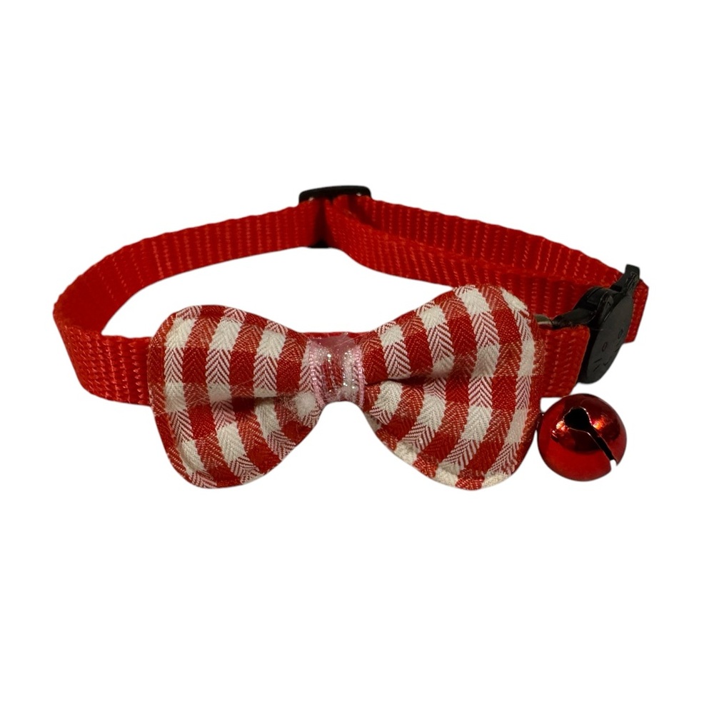 Red & white buffalo plaid checkered kitty cat pet jingle bell collar 12.5”